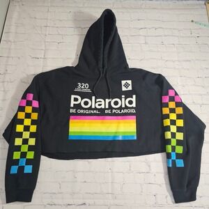 Polaroid 320 Land Camera Cropped Hoodie Black Rainbow Checkerboard XL